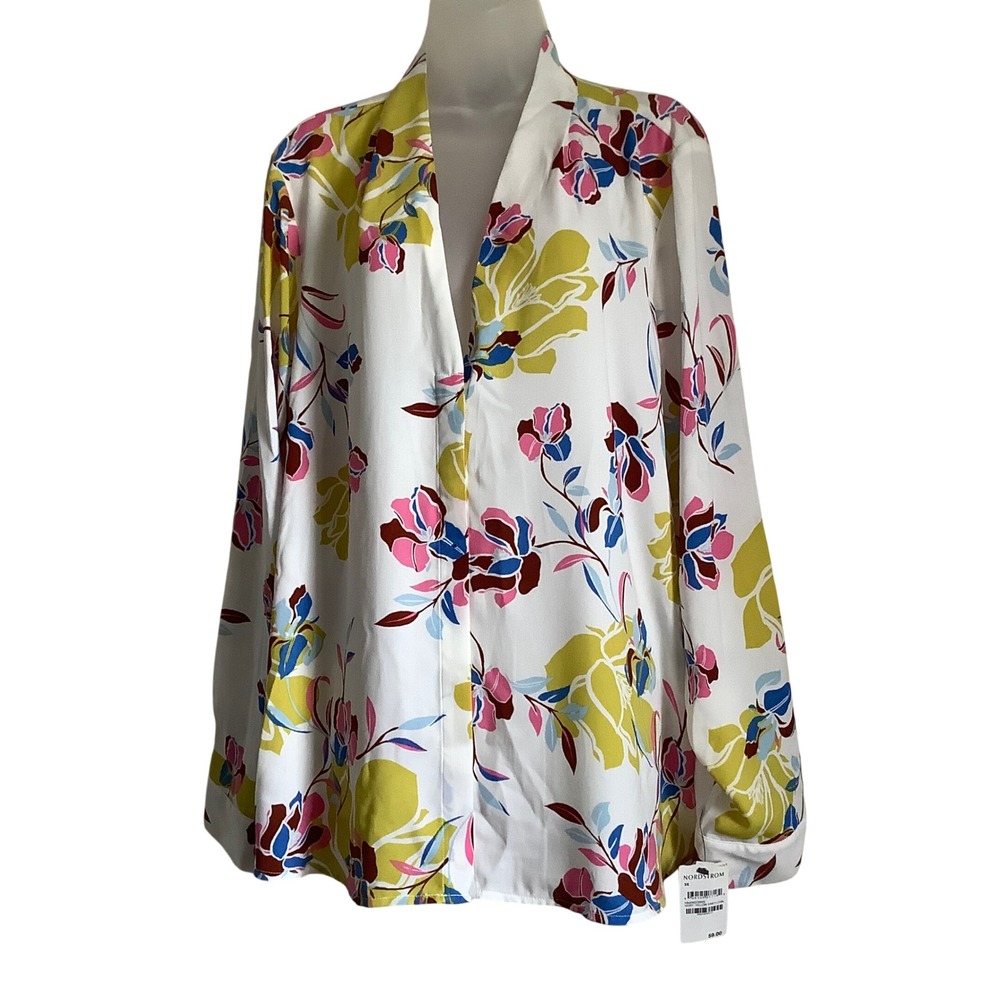 Halogen Womens 3X Ivory Yellow Sam Floral V-Neck Long Sleeve Blouse career party